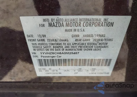 2010 Mazda Mazda6 I Touring Plus z USA, uszkodzony, nr VIN 1YVHZ8CH8A5M25487